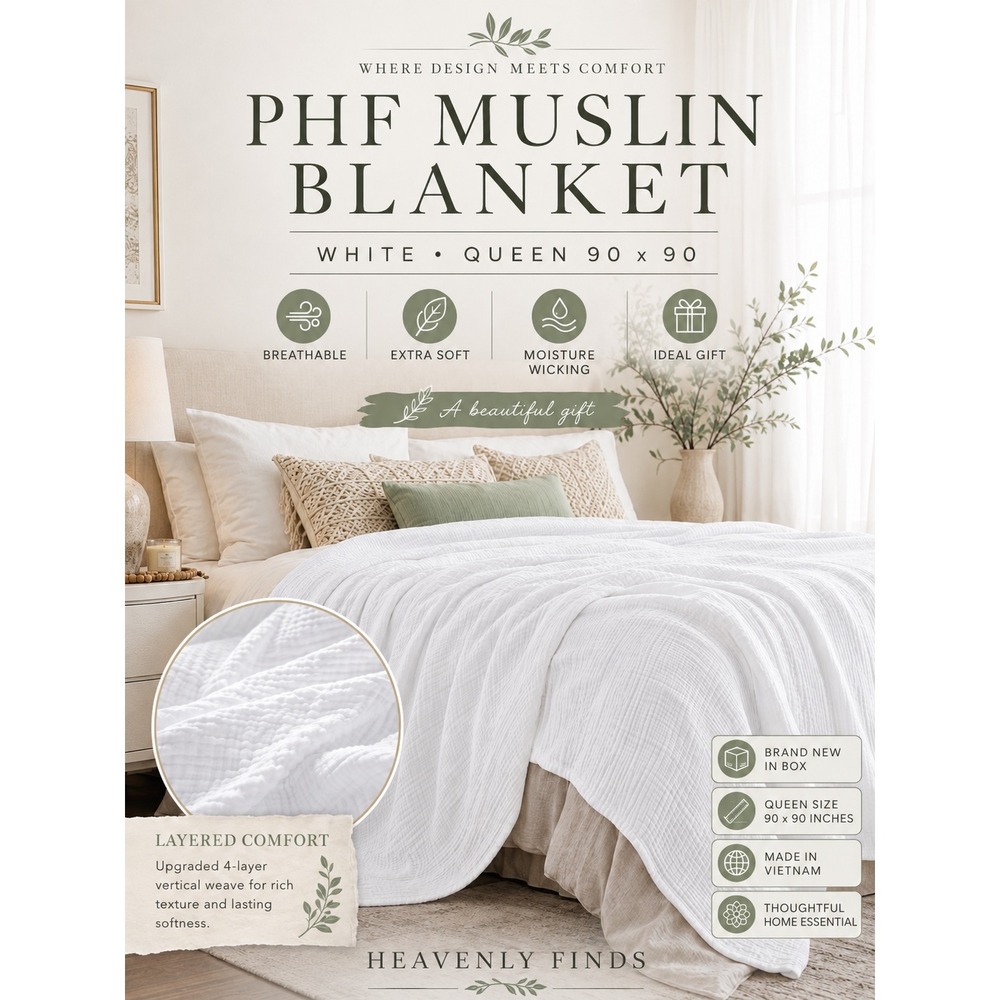 PHF Muslin Blanket Queen 90x90 White 4-Layer Cotton Breathable Cozy Soft NIB
